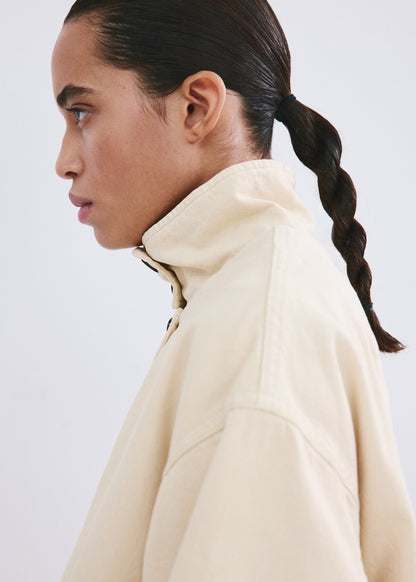 Denim parka with a stand-up collar