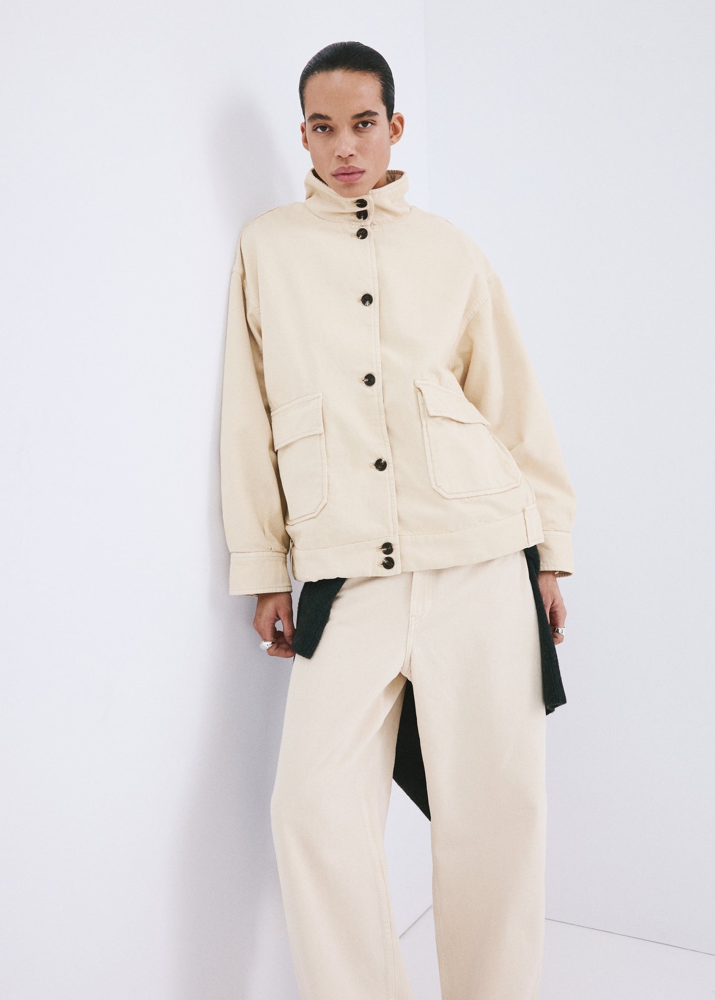 Denim parka with a stand-up collar