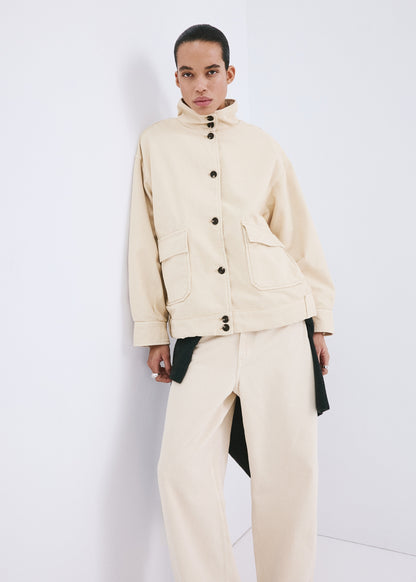 Denim parka with a stand-up collar