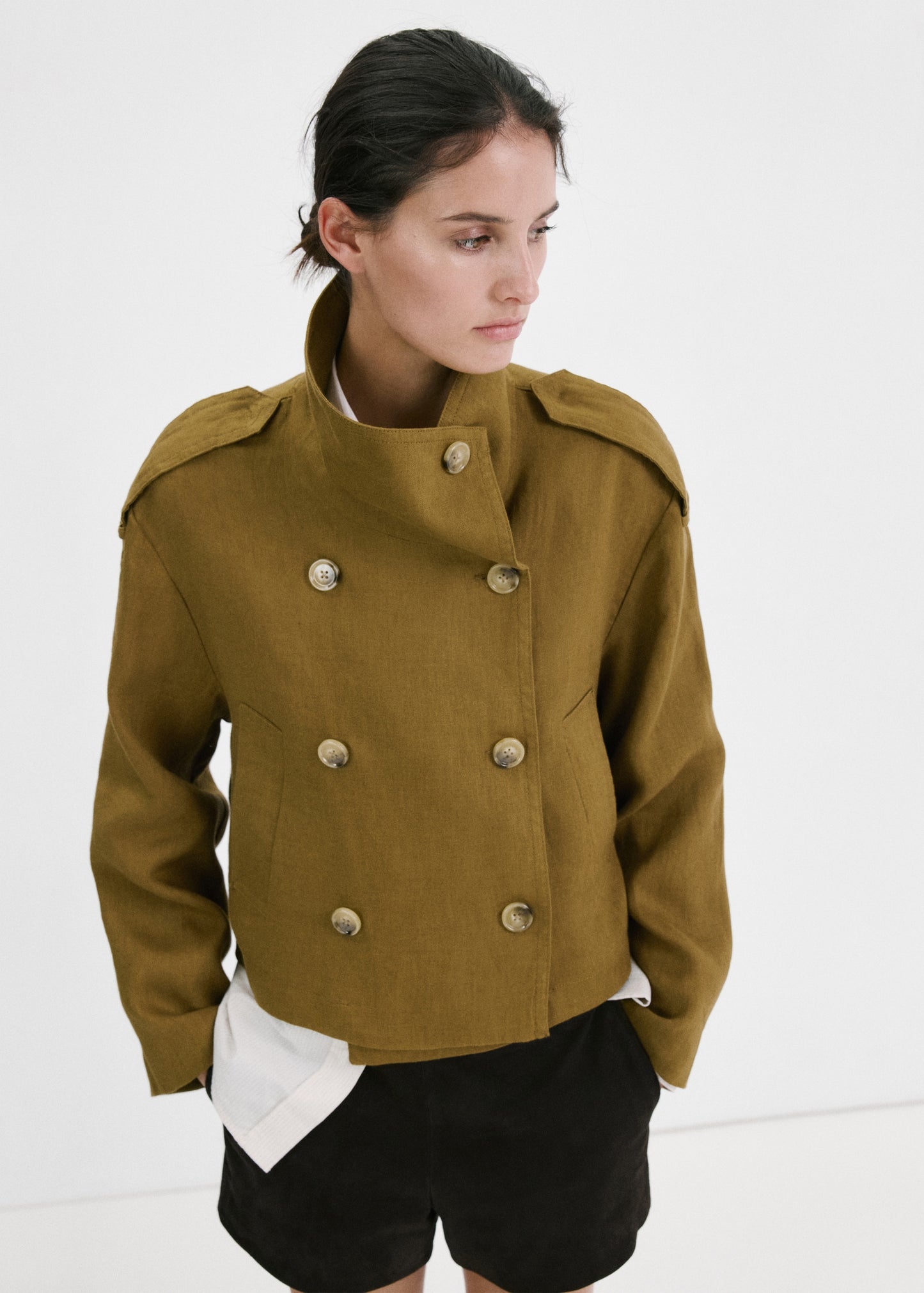 Linen funnel neck trench coat