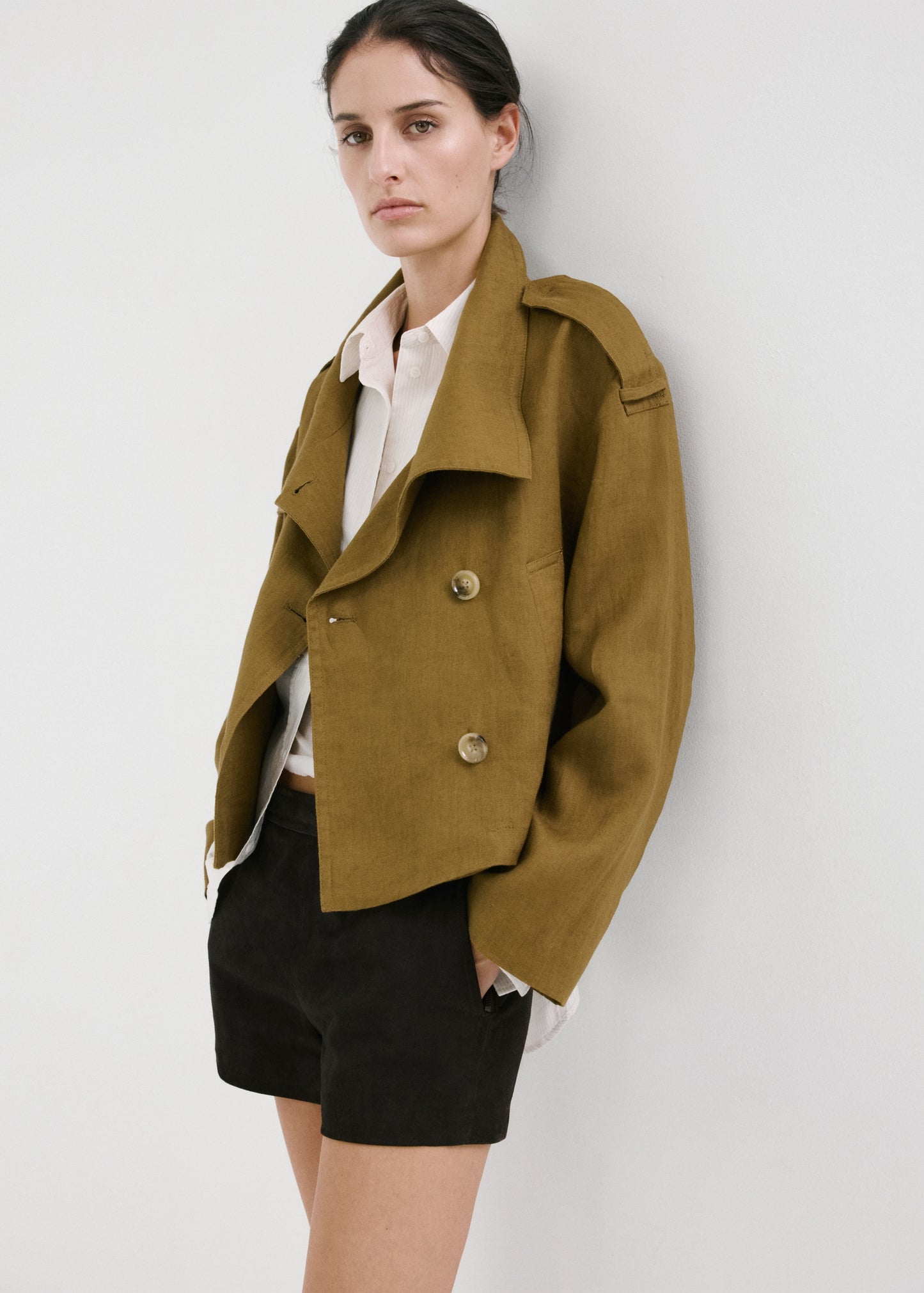 Linen funnel neck trench coat