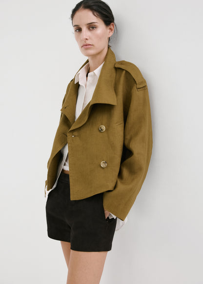 Linen funnel neck trench coat