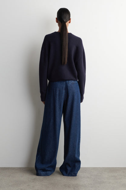 Pleated Wide-Leg Denim Trousers