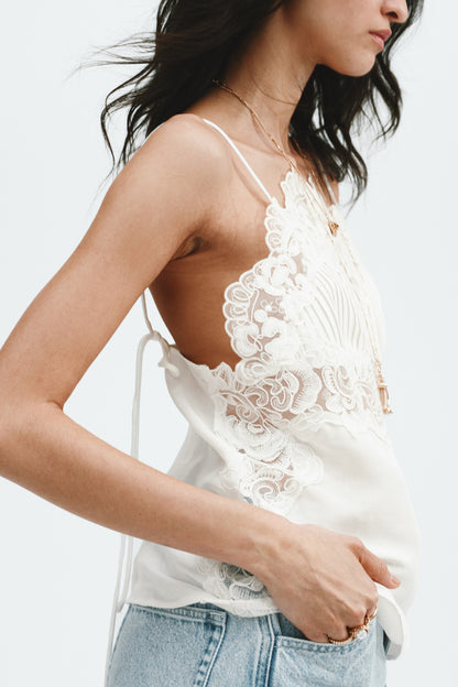Women's White Linen-blend lace-detail top