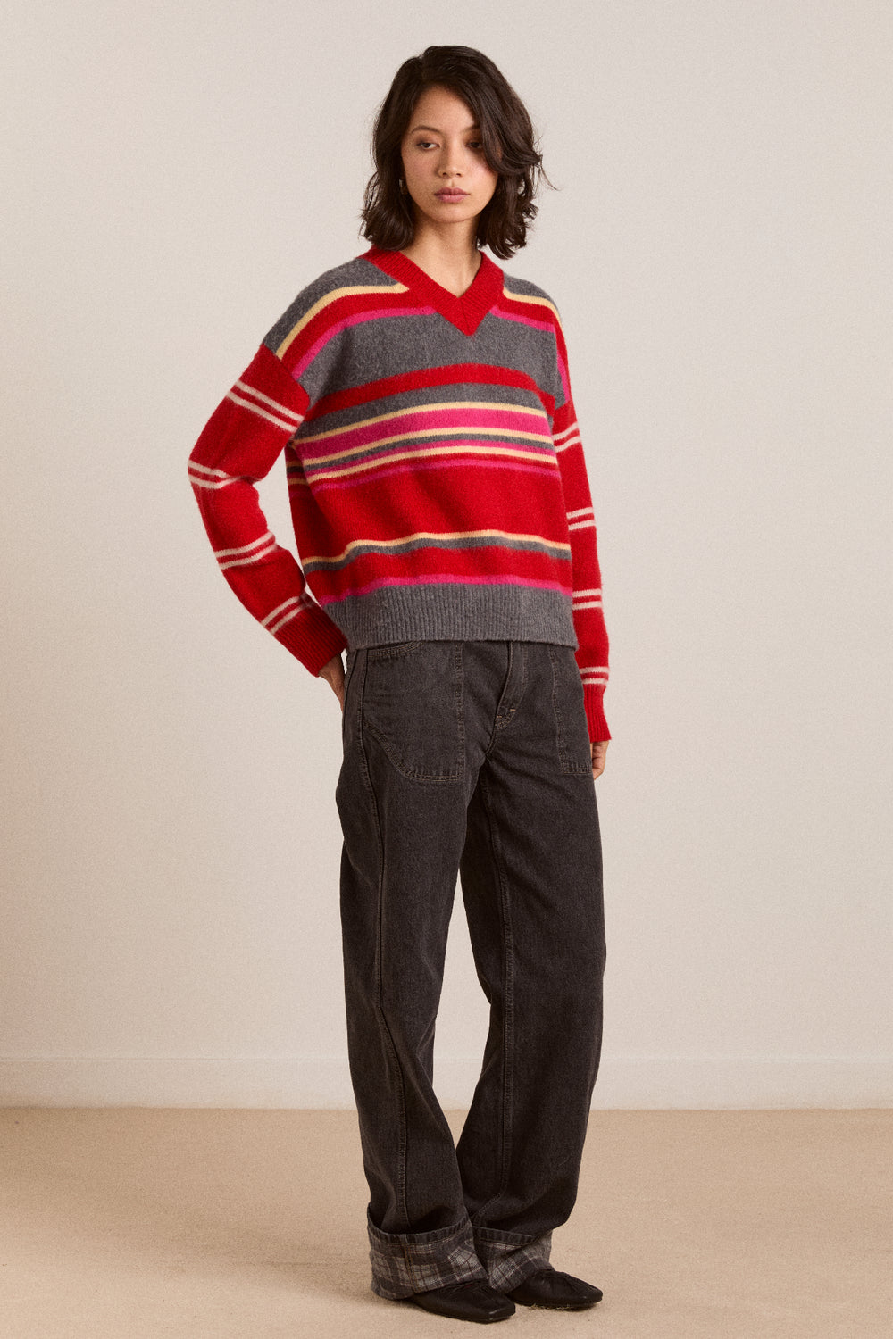 Rene Merino Wool V Jumper Pink/Red Stripe