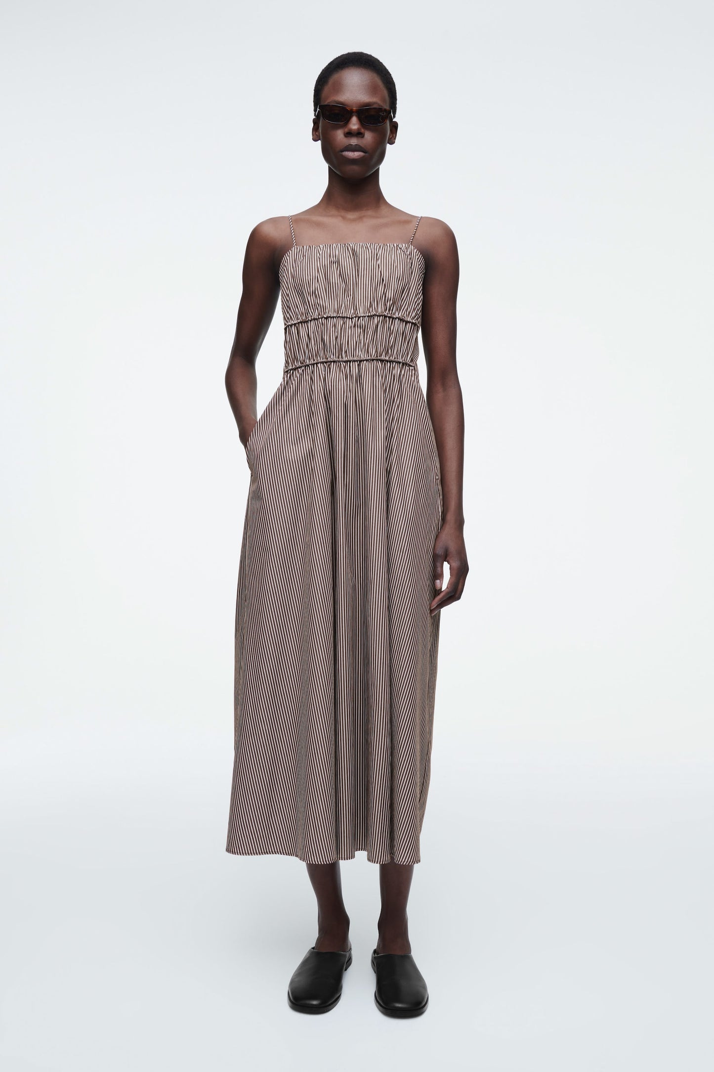 Striped Gathered-Waist Midi Dress