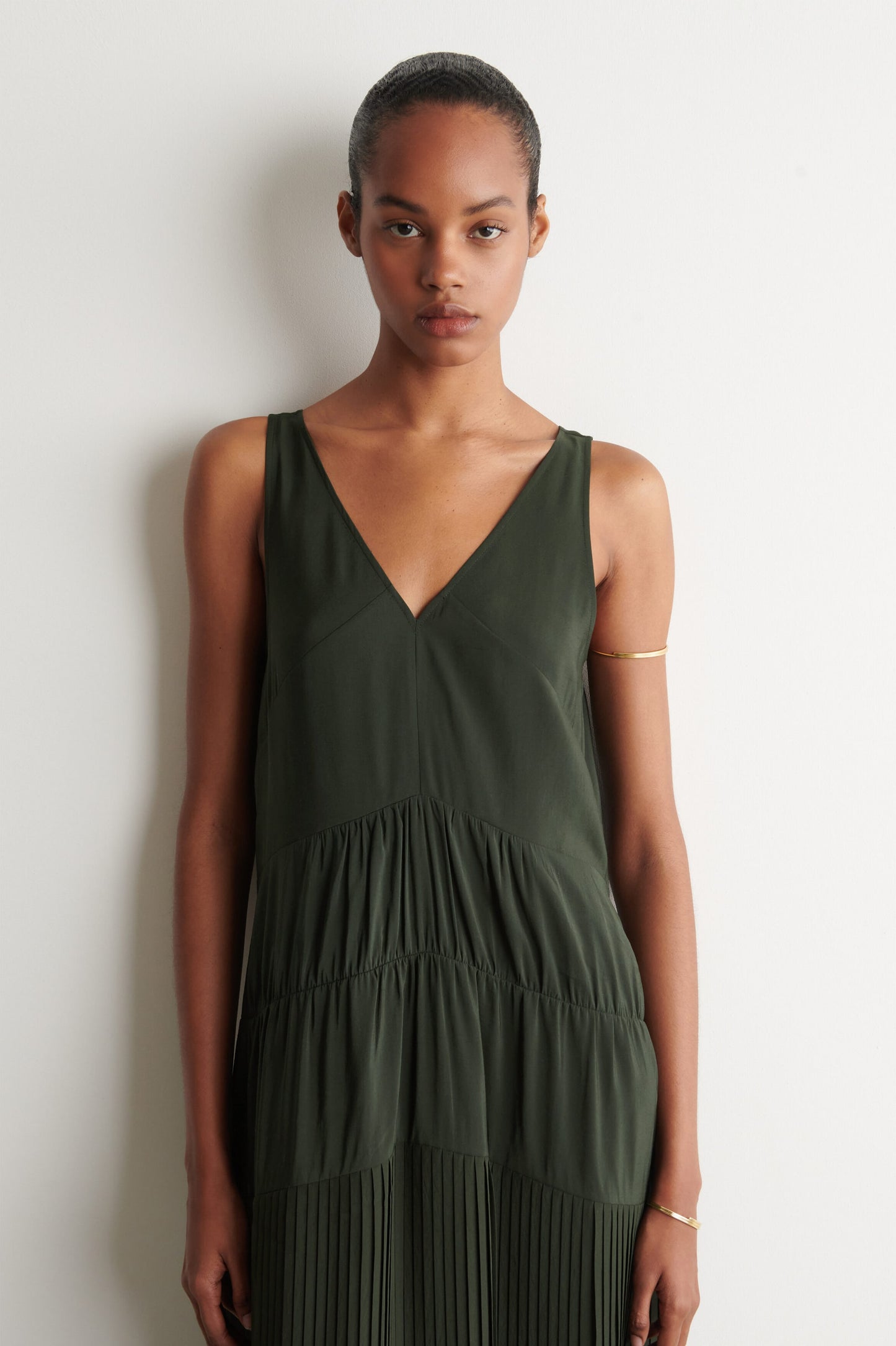 Gathered pleated V-neck maxi dress