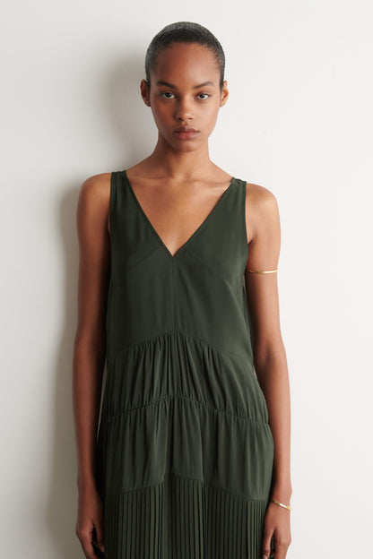 Gathered pleated V-neck maxi dress