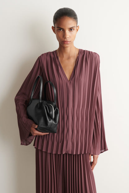 Tie-front pleated georgette blouse