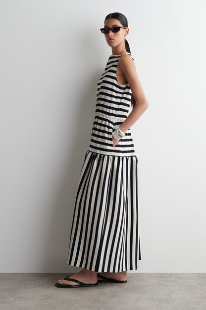 Boat-Neck Gathered Midi Dress