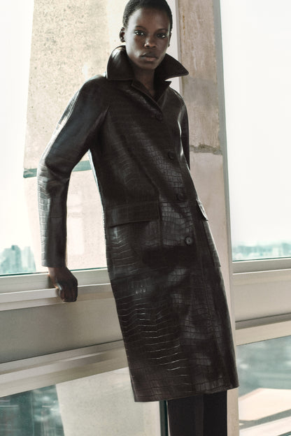 Croc-Effect Leather Coat