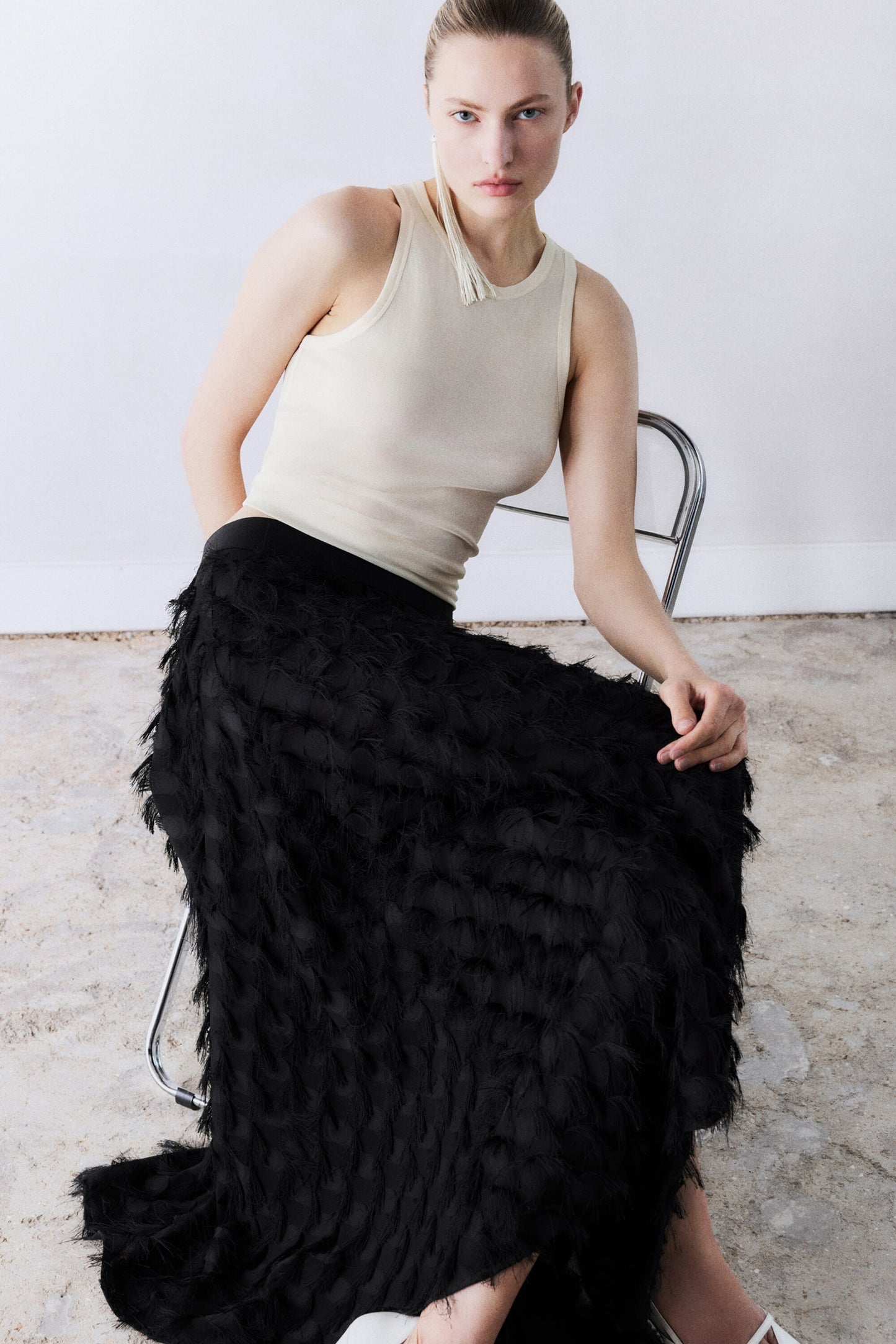 Jacquard-fringed midi skirt