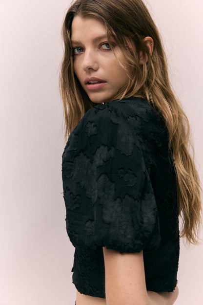 Cropped jacquard-weave blouse