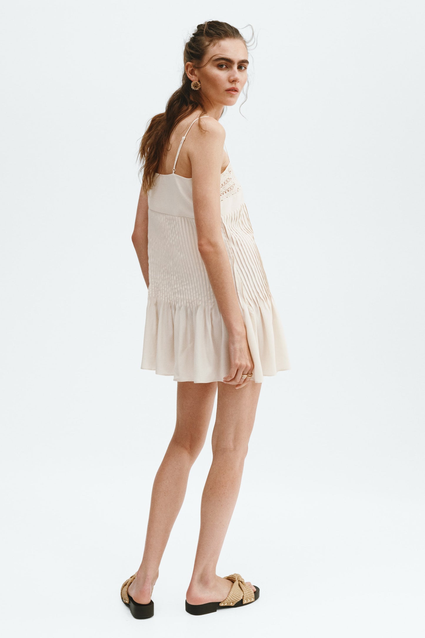 Women's Cream Lace-panel pintuck dress