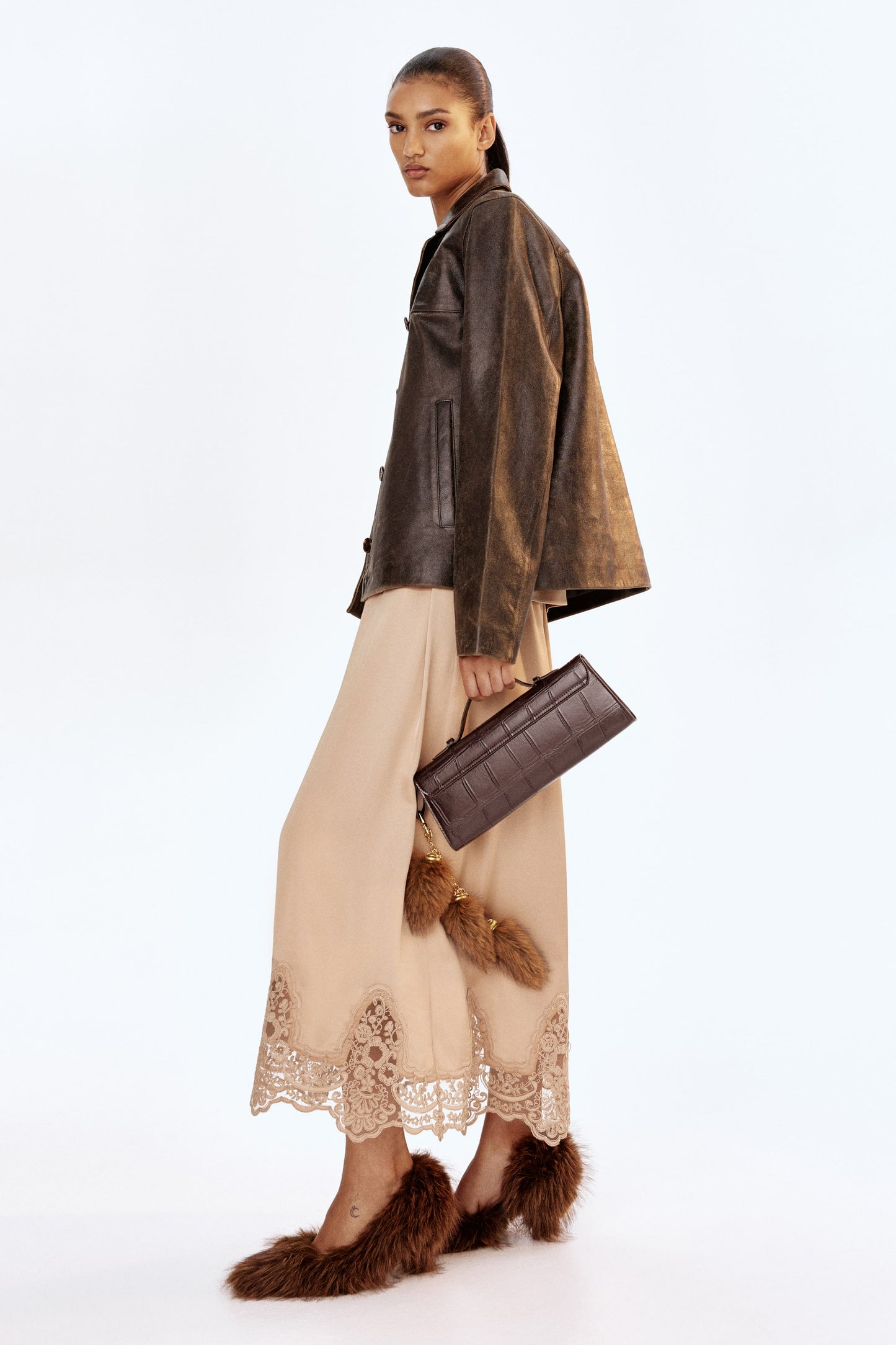 Lace-trimmed satin skirt
