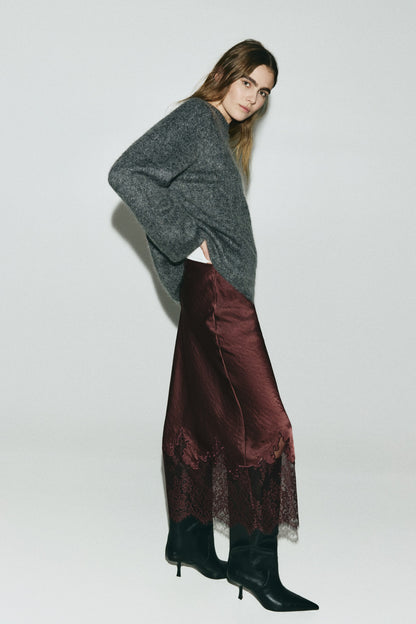 Lace-trimmed satin skirt