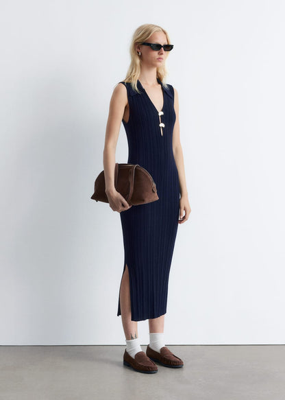 Rib-Knit Collared Midi Dress