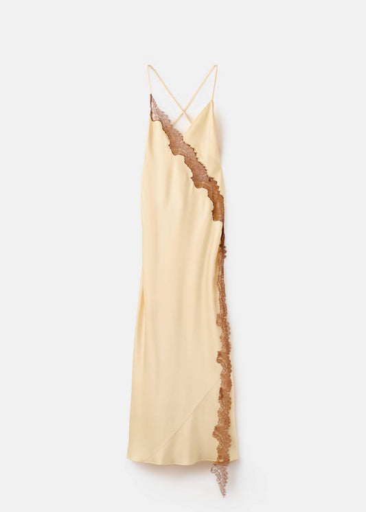 Satin lace dress with lace trim
