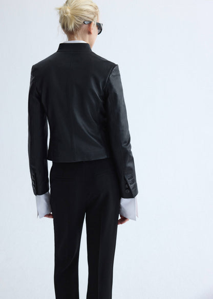 Leather jacket with strap collar
