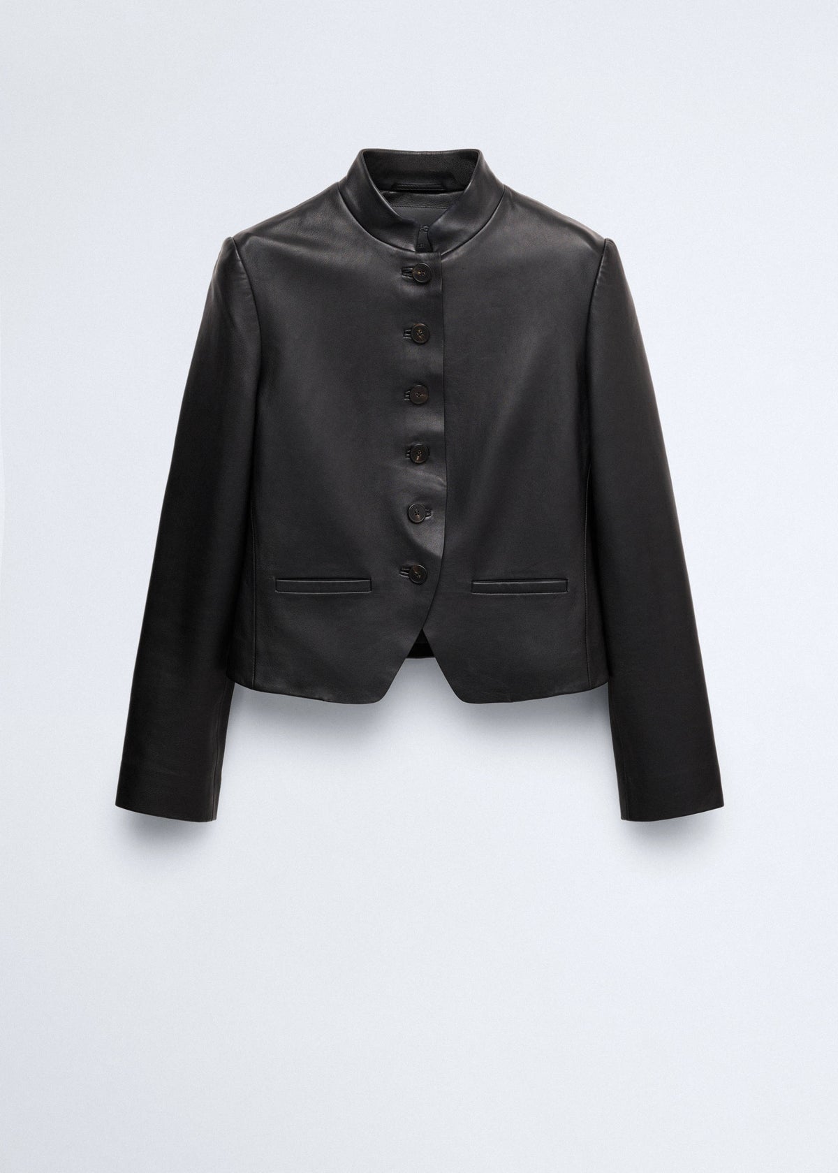 Leather jacket with strap collar