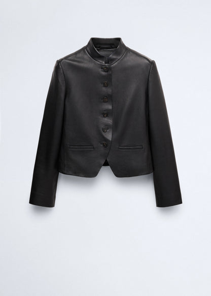 Leather jacket with strap collar
