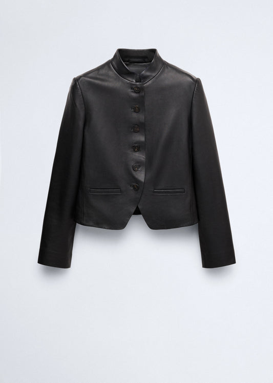 Leather jacket with strap collar