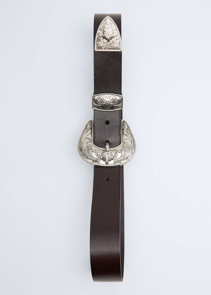 Engraved buckle leather belt
