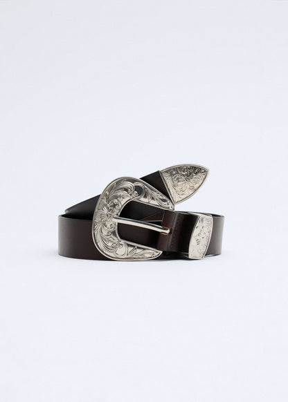 Engraved buckle leather belt
