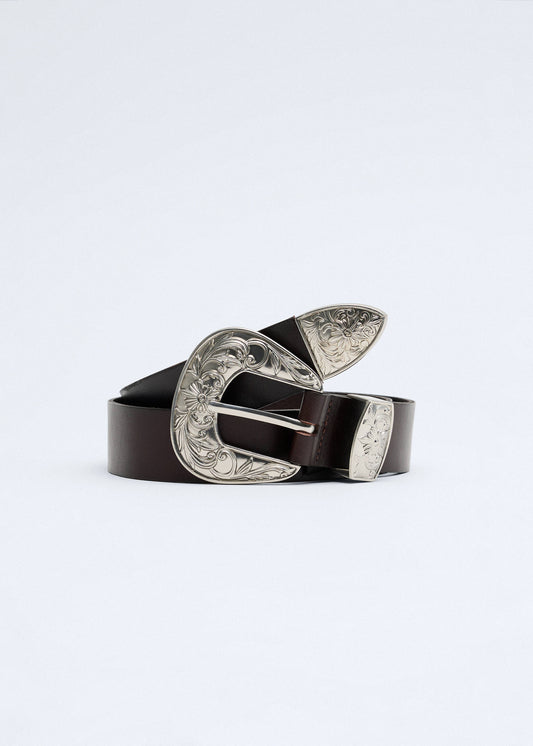 Engraved buckle leather belt