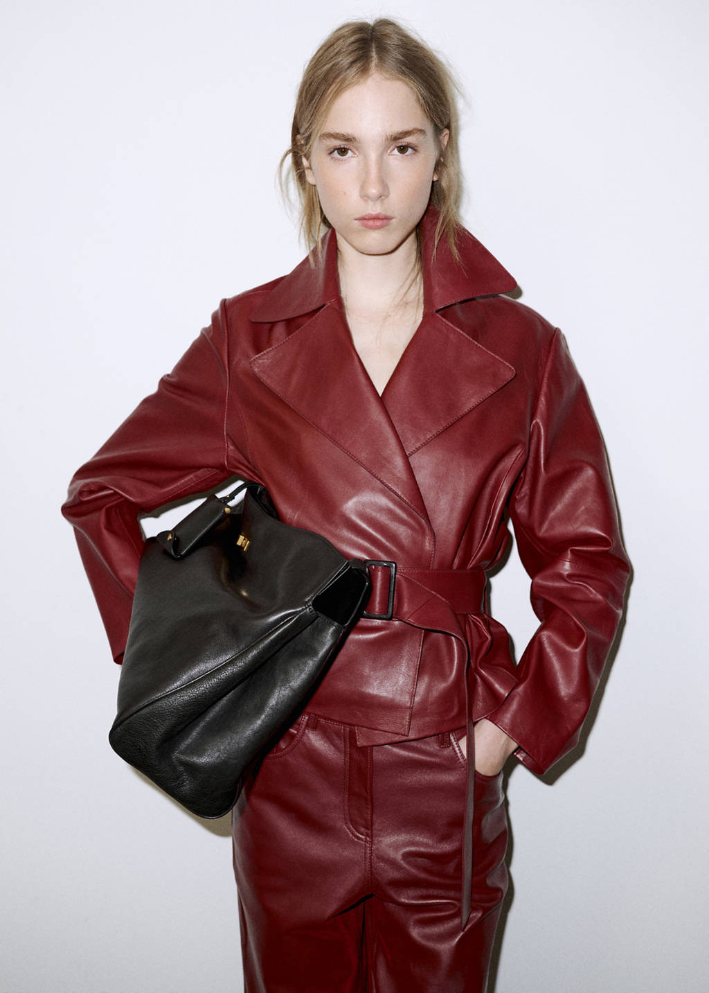 Crop leather trench coat with belt