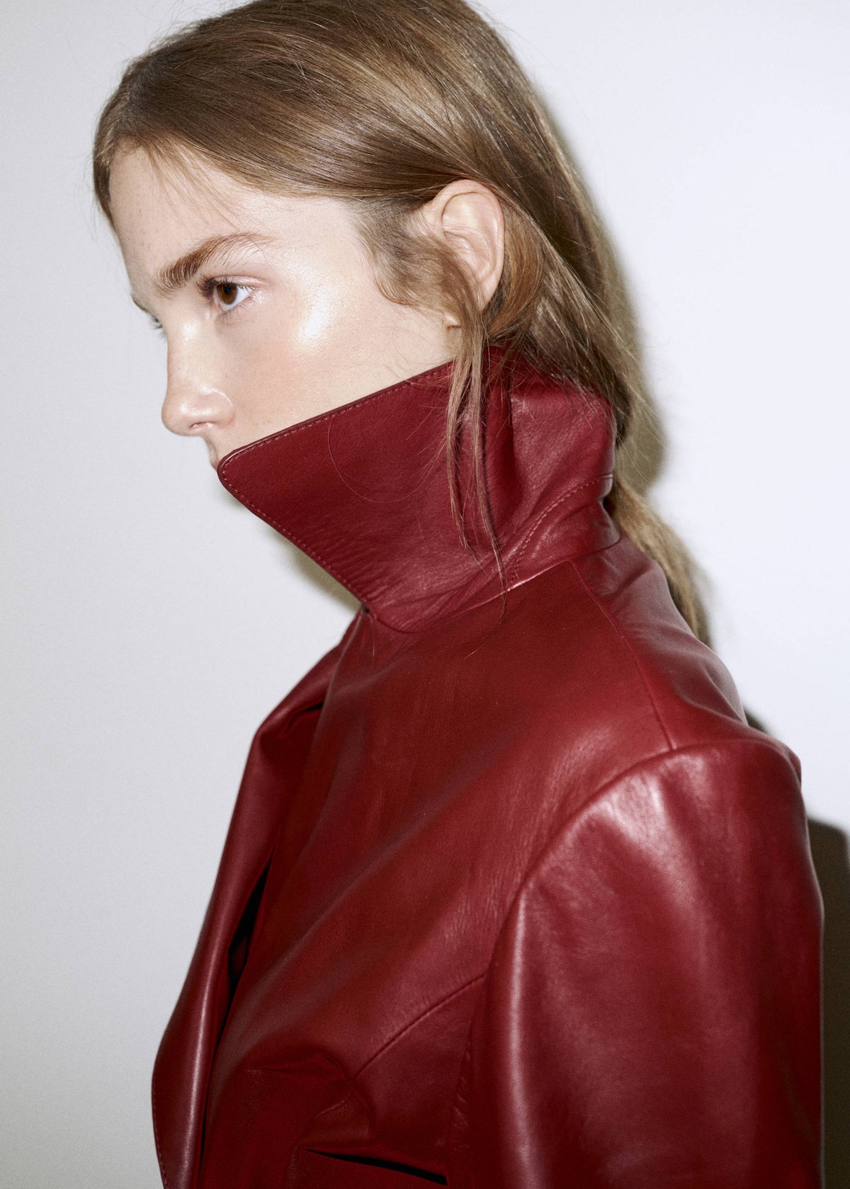 Crop leather trench coat with belt