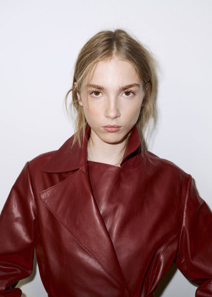 Crop leather trench coat with belt