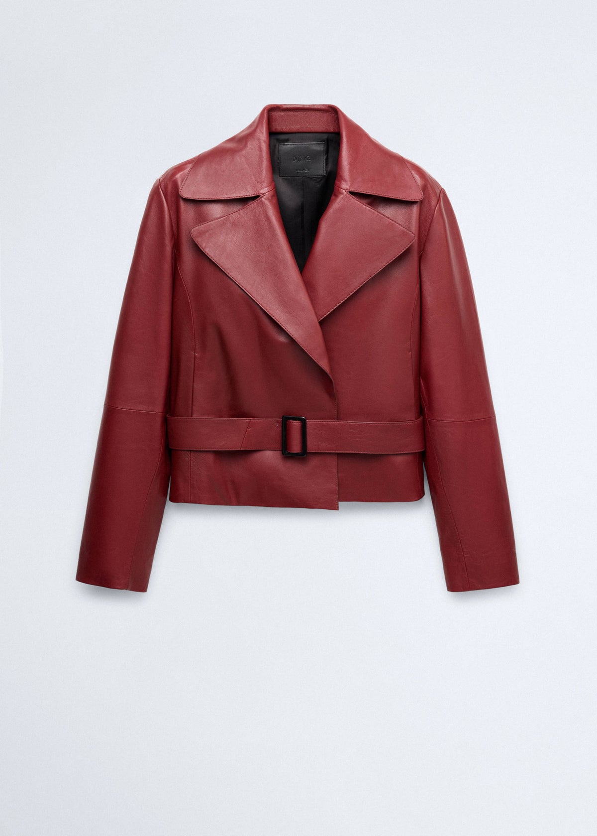 Crop leather trench coat with belt