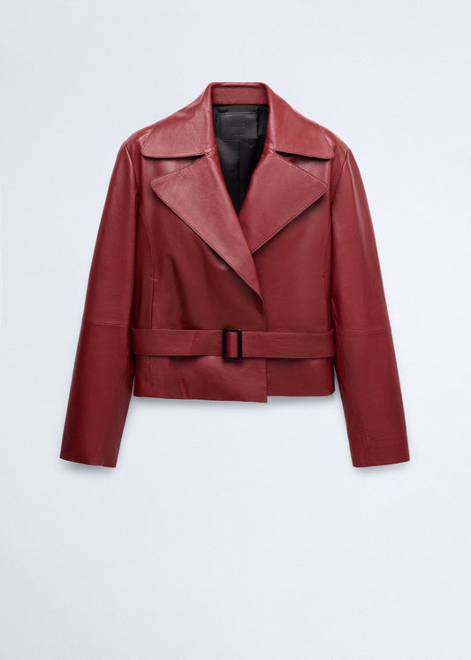 Crop leather trench coat with belt