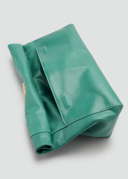 Leather clutch bag with metallic appliqué