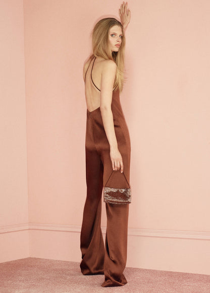 Wrap neckline satin jumpsuit