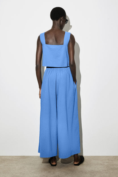 Open-Back Seersucker Wide-Leg Jumpsuit