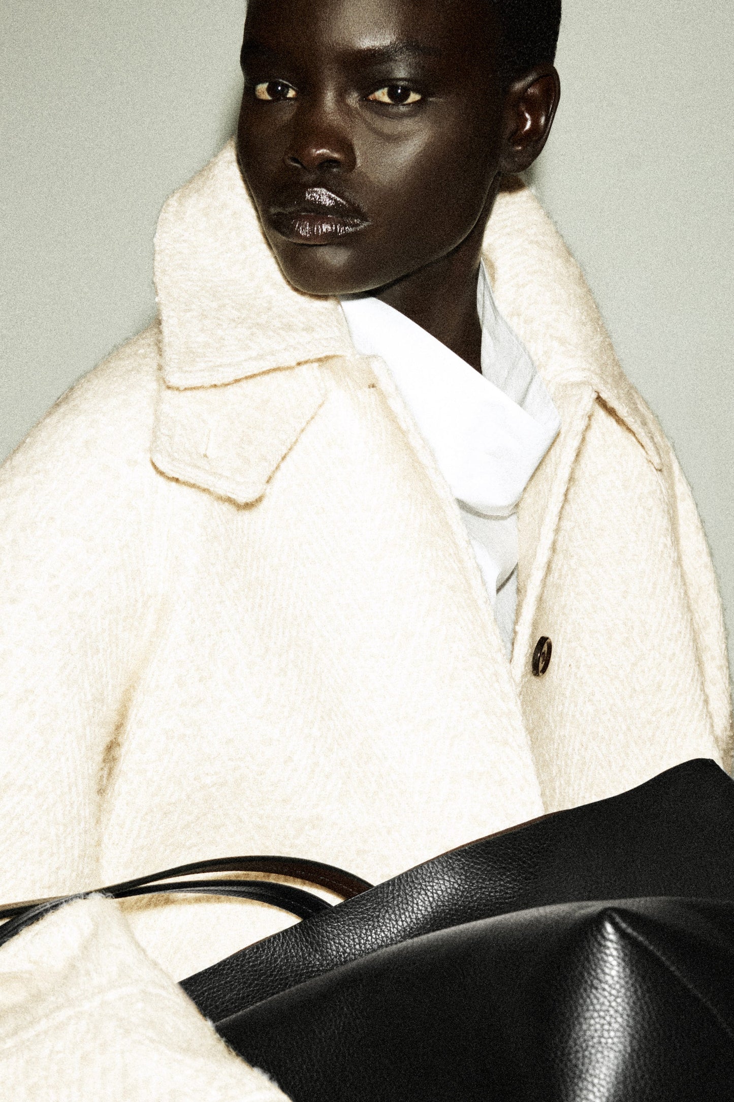 Funnel-neck wool-herringbone short coat