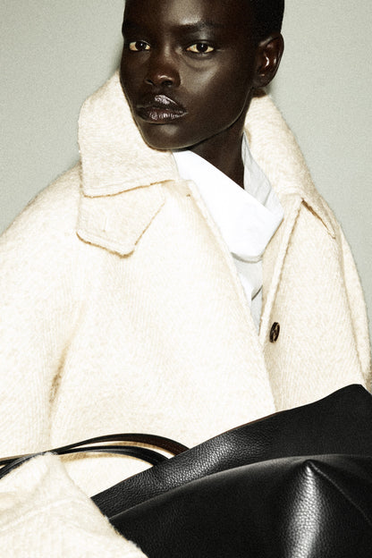 Funnel-neck wool-herringbone short coat