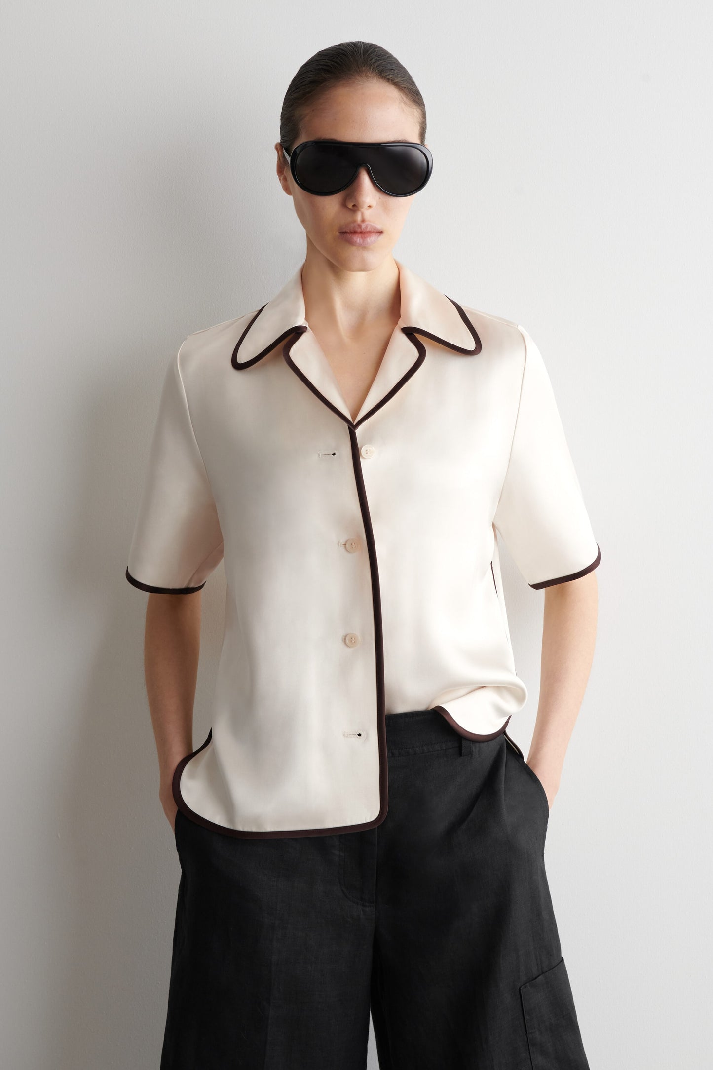 Contrast-Piped Satin Shirt