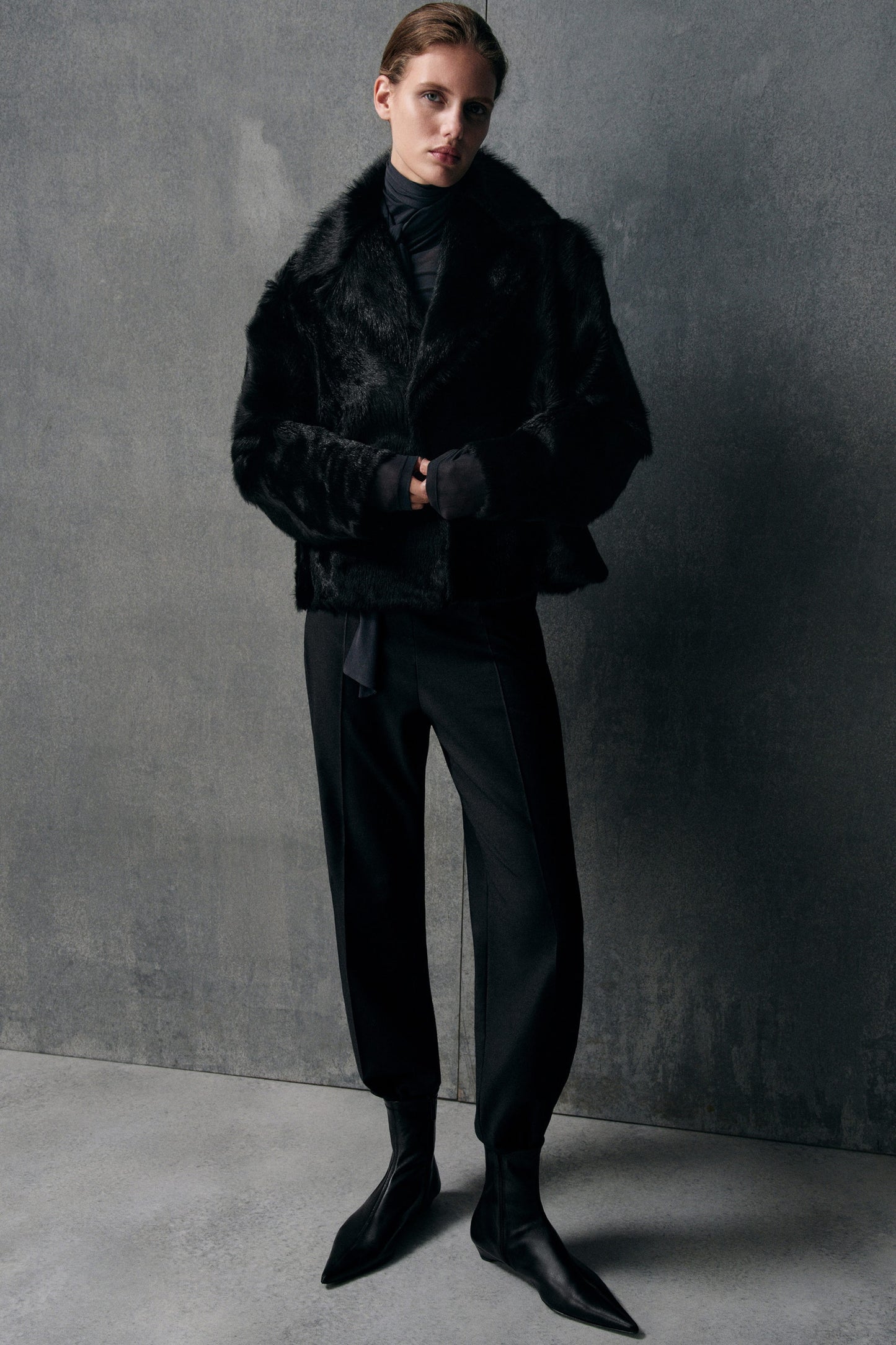 Collared pony hair-effect leather jacket