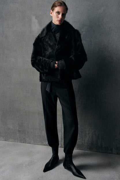 Collared pony hair-effect leather jacket