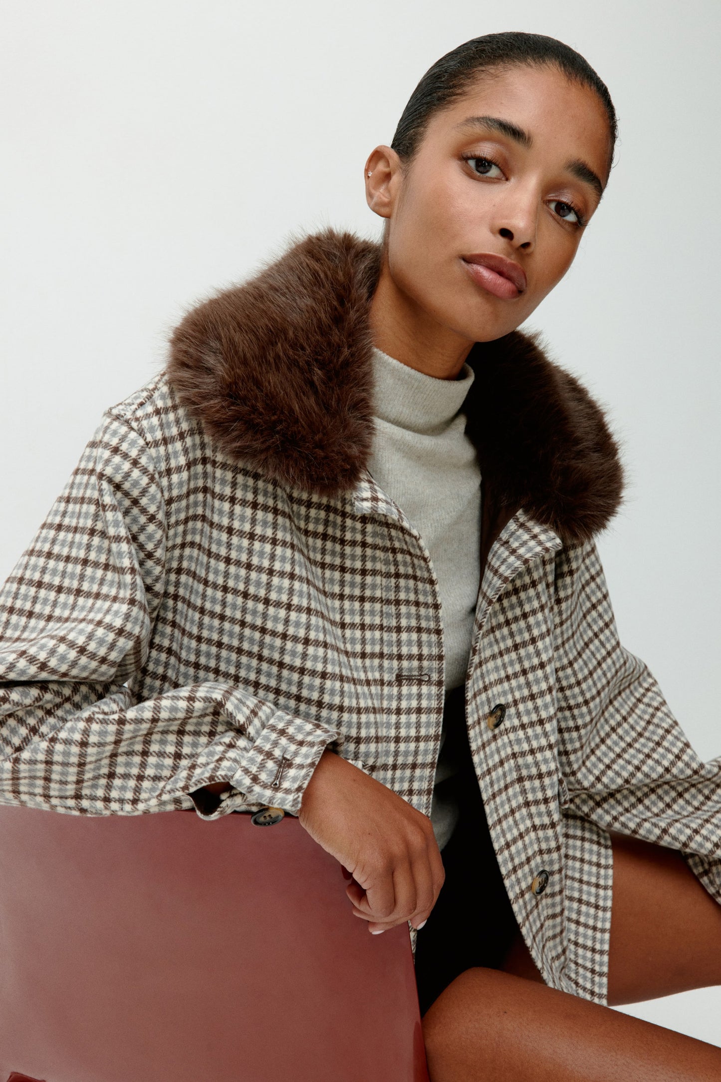 Fluffy-collar twill jacket