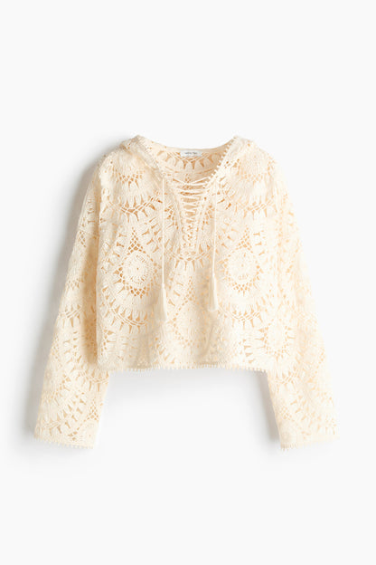 Crochet-look lace-up hoodie