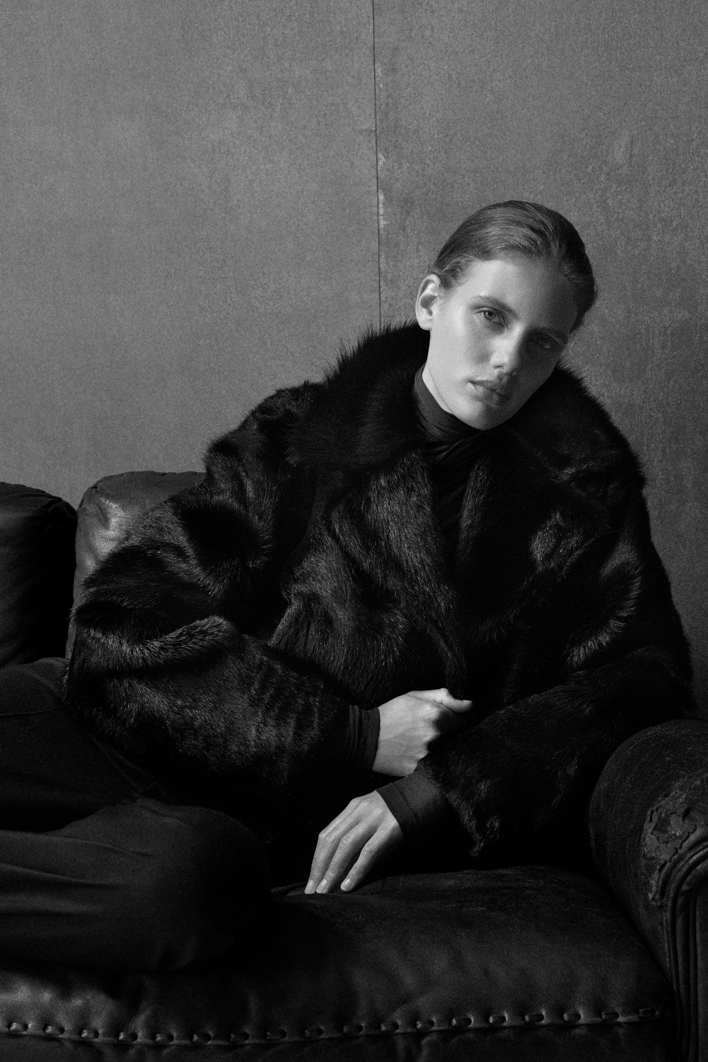 Collared pony hair-effect leather jacket