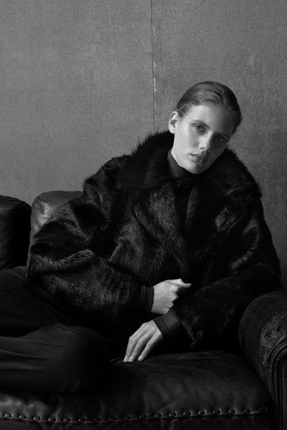 Collared pony hair-effect leather jacket