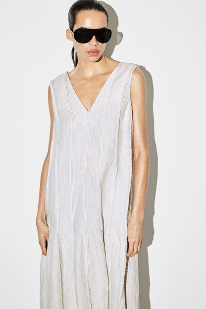 Sculpted Pleated Linen Midi Dress