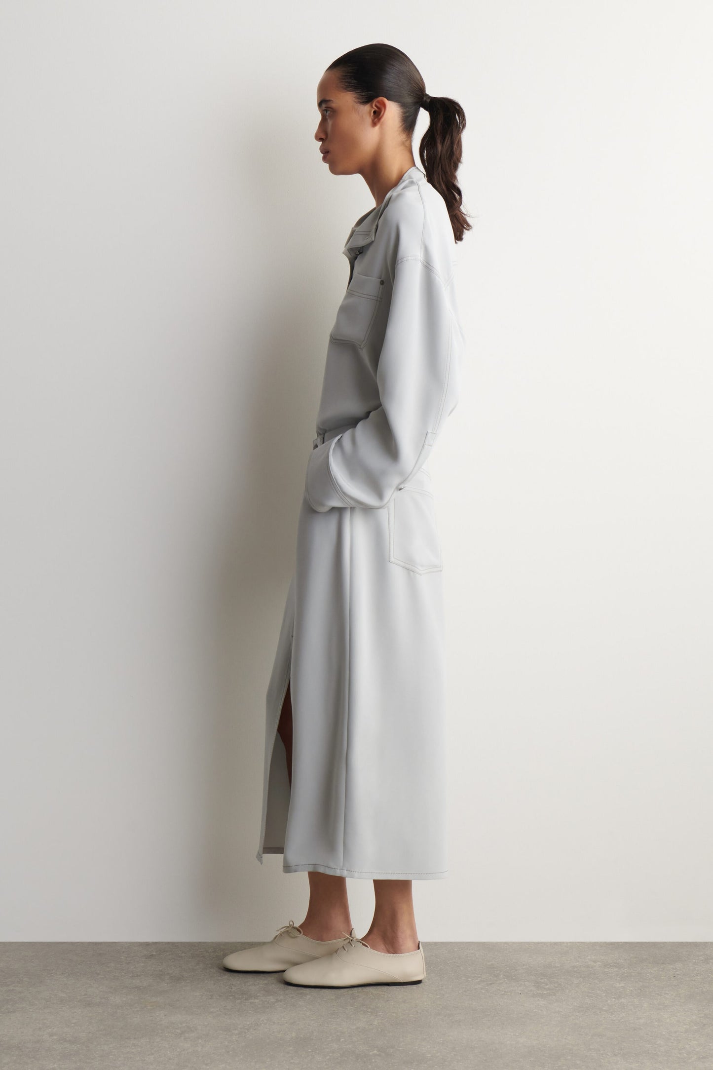 Denim-Effect Silk Midi Skirt