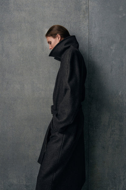 Tailored belted wool-twill coat