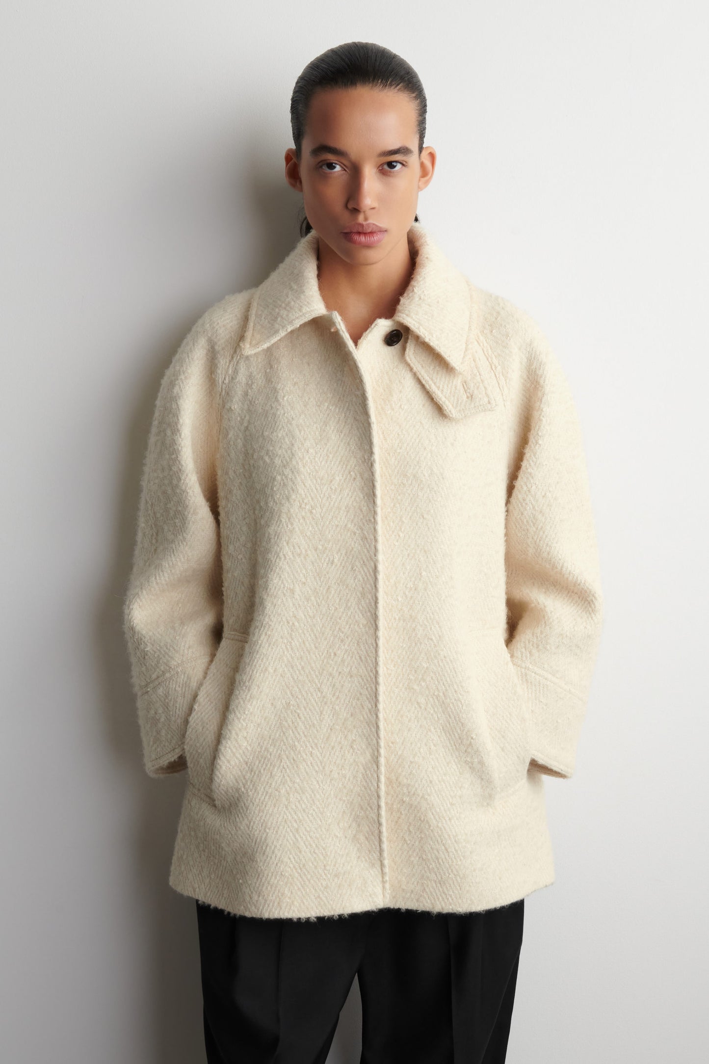 Funnel-neck wool-herringbone short coat